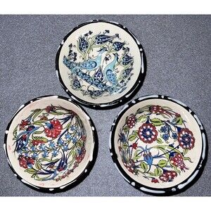 Nakkas Cini Turkish 3 Mini Bowls 3” D x 1.5” H TURKIYE Ceramic Finger Dipping